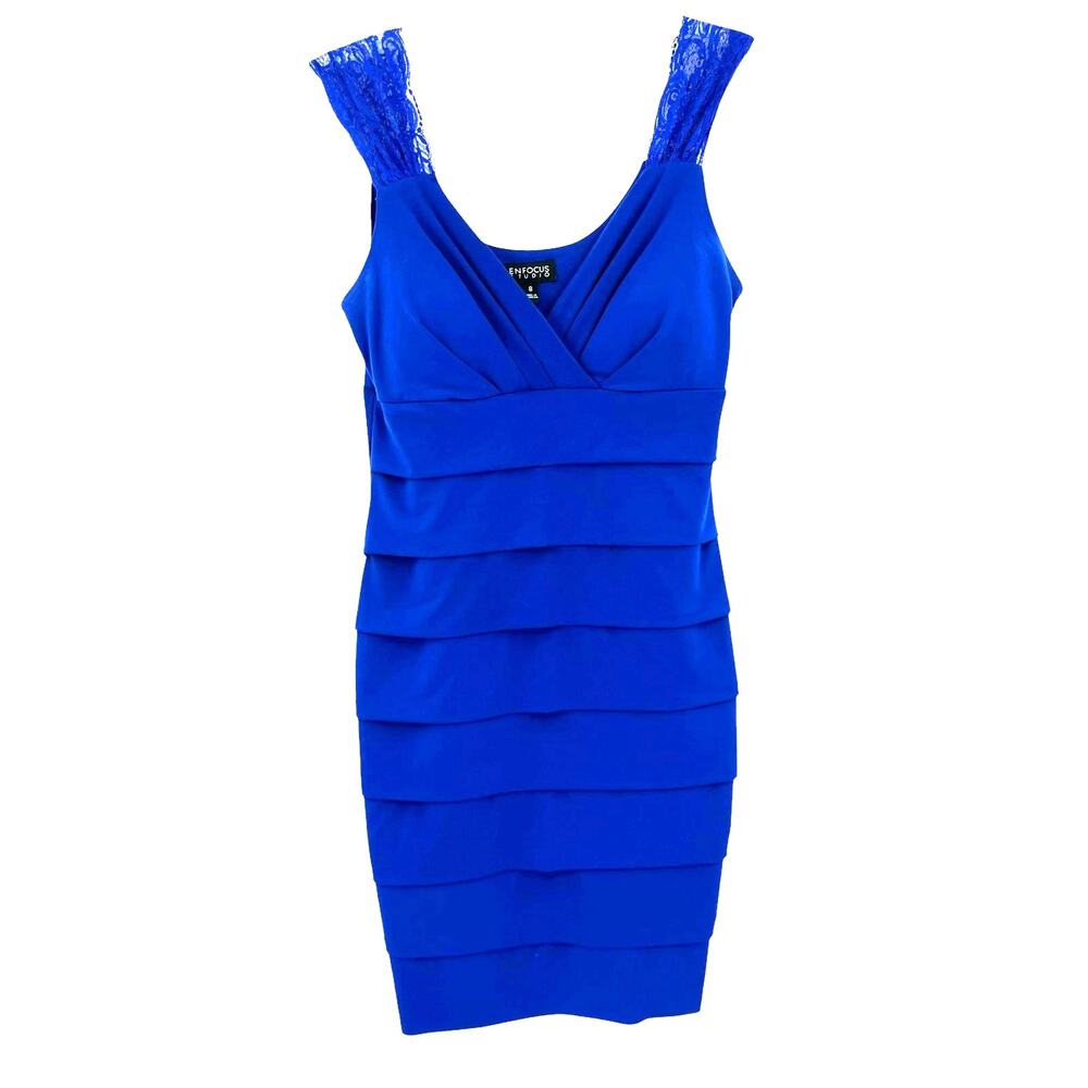 Enfocus Studio Y2K Bandage Dress Sz 8 Lace Holiday Cobalt DateBabydoll Deep V
